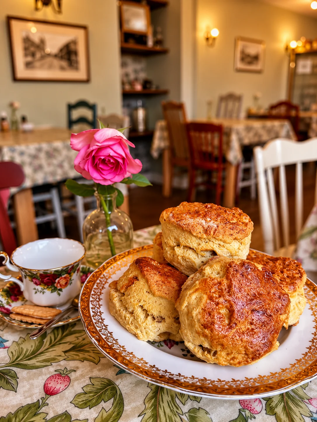 Fresh scones served on floral china inside the tea room