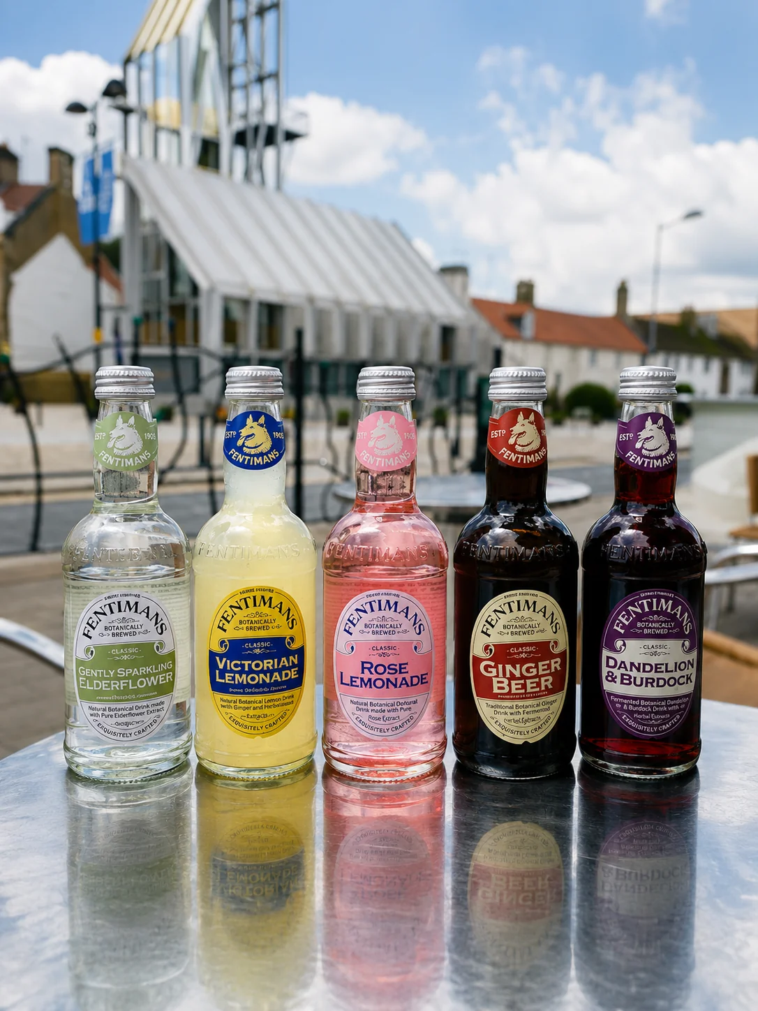 Five colourful bottled soft drinks on an outdoor table at Fifteas